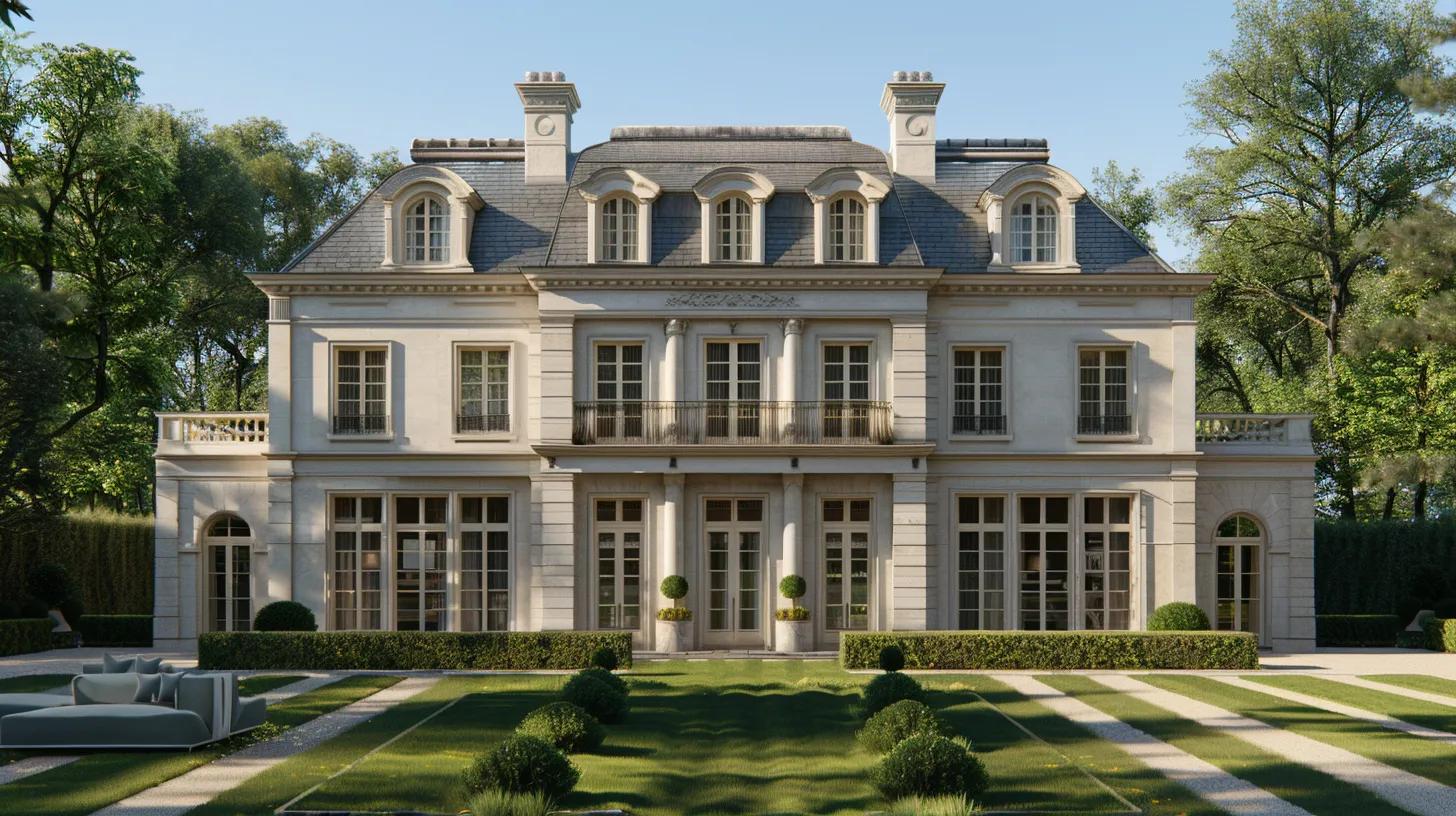 A photorealistic Georgian-style country house with a symmetrical cream-rendered façade, tall white sash windows, and a slate mansard roof with dormer windows. The house features refined neo-classical proportions and a discreet glazed orangery extension on one side. Set in immaculate formal gardens with striped lawns, manicured hedges, and mature trees. Bright summer daylight, calm prestigious atmosphere, understated British aristocratic elegance, ultra-realistic architectural photography